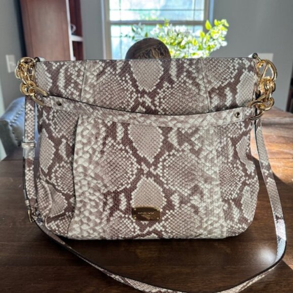 Michael Kors Hallie Convertible Shoulder Bag Embossed Leather - Dark Sand Python - Picture 1 of 7